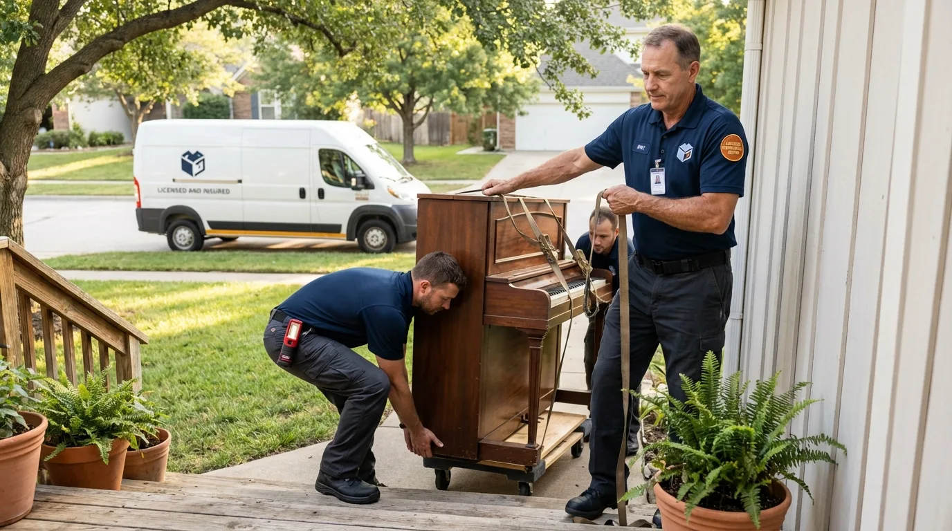 Licensed piano movers securing grand piano in Hyrum, UT