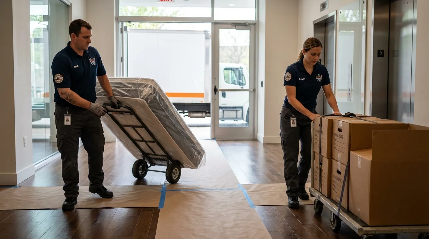 Professional apartment movers loading elevator in Hyrum, UT